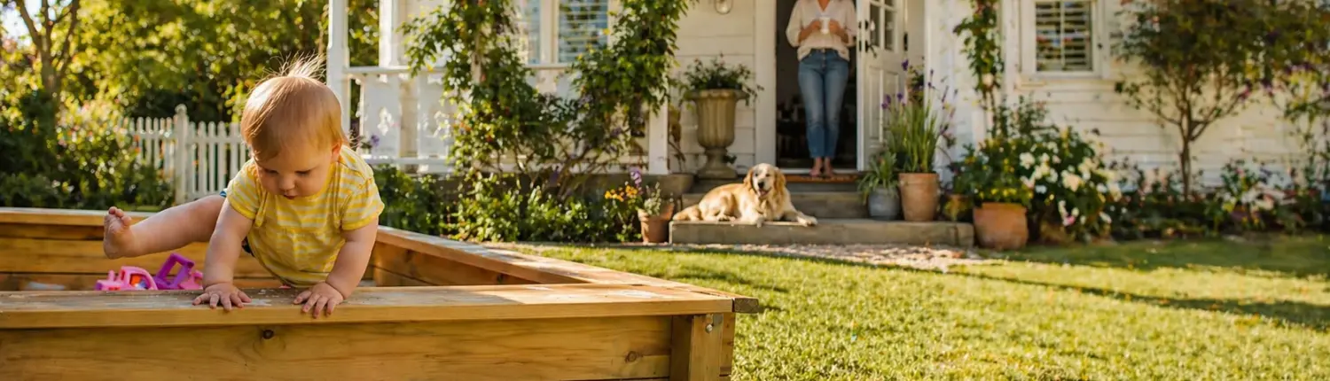 Young child balancing in a sunny backyard sandbox, reflecting the visual language of balance at Dr Vitalis Acupuncture, an Auckland pregnancy and fertility clinic.